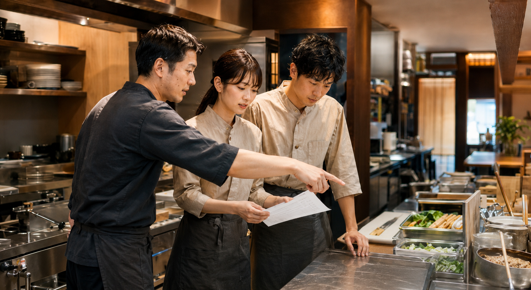 飲食店の現場で動線と仕組みを確認する様子